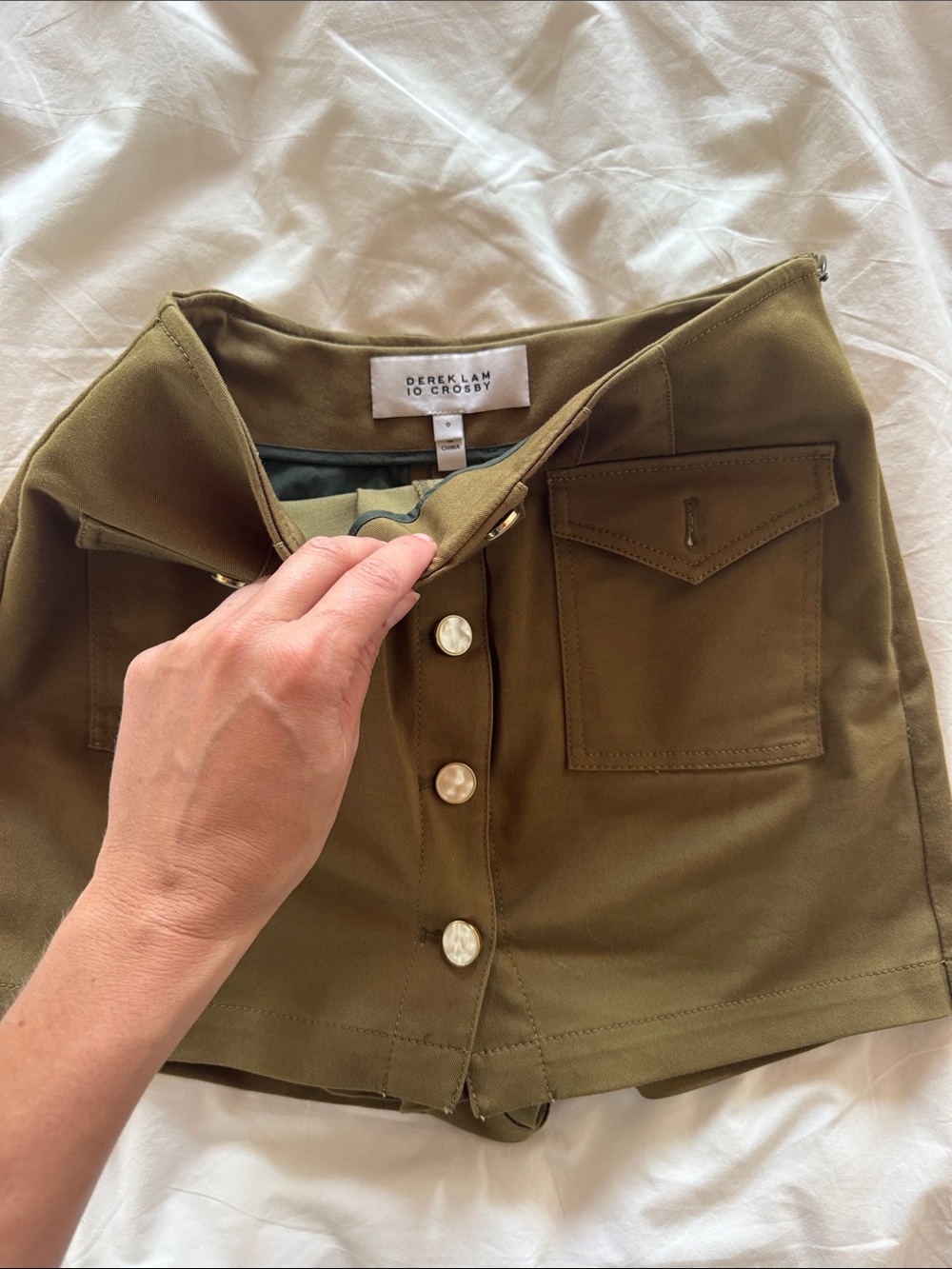 10 Crosby Derek Lam Olive Utility Mini Skort with Pearl Buttons